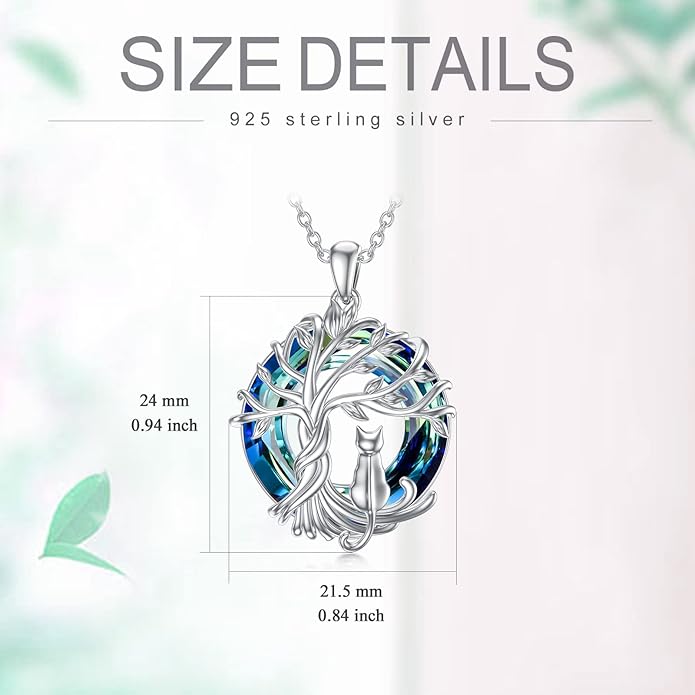 TOUPOP Cat Gifts for Cat Lovers Sterling Silver Cute Cats Tree of Life Pendant Necklace with Blue Circle Crystal Birthday Christmas Jewelry Gifts for Women