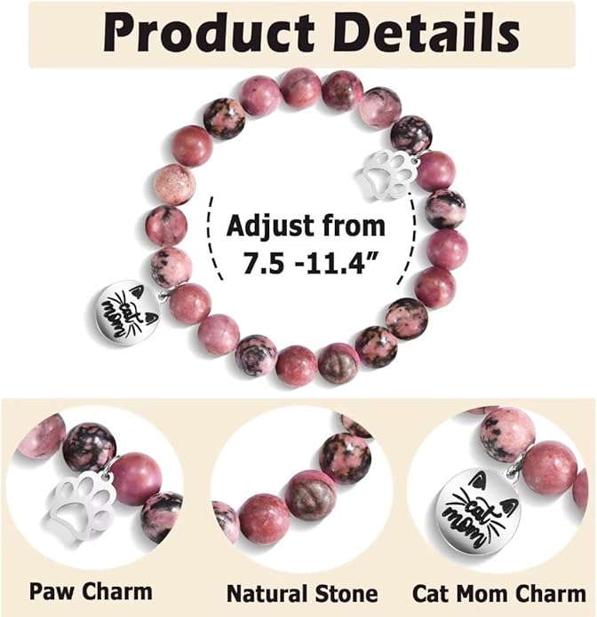 Cat Mom Gifts: Beaded Bracelet Paw Print for Women, Cat Lovers - Birthday, Christmas, Valentine's, New Year