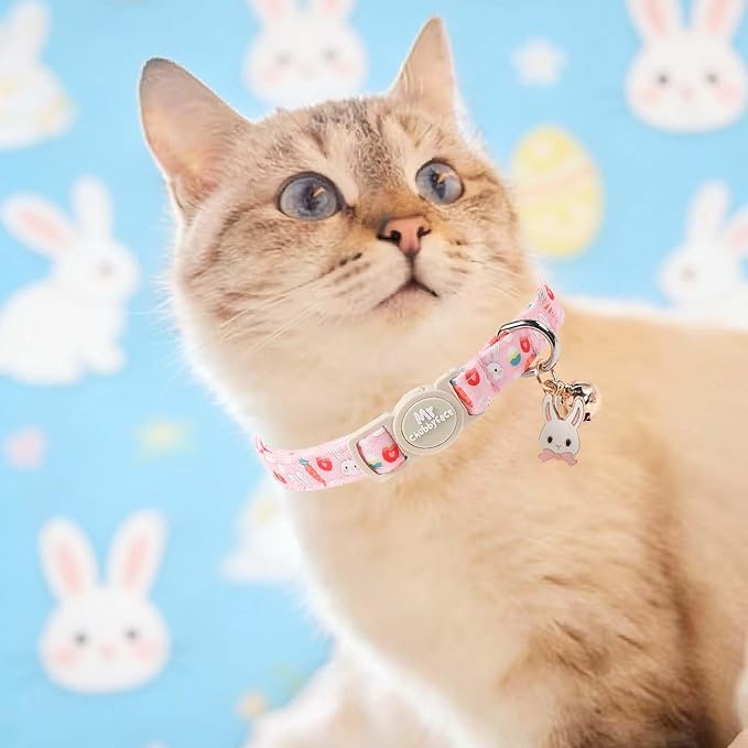 2 Pack Easter Cat Collar, Purple Rabbit& Pink Rabbit Pattern Kitten Breakaway Collar, Adjustable Cute Easter Collar with Bell&Pendent for Female Male Cat