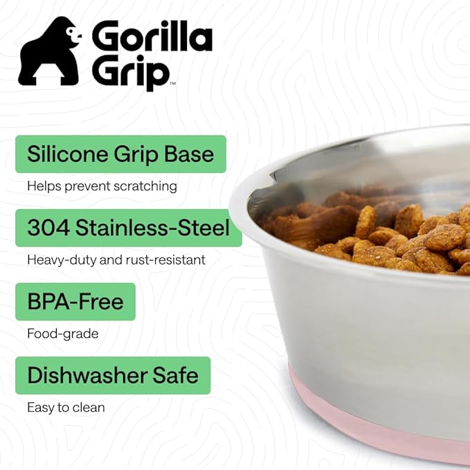 GORILLA GRIP Dog Bowls, Food Grade 304 Stainless Steel, Holds 4 Cups Each (32 fl oz) Food and Water Bowl for Feeding Dogs and Cats, Dishwasher Safe, Rust Resistant, BPA Free Rubber Base Set of 2 Pink
