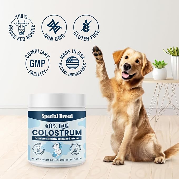 40% IgG Grass Fed Colostrum for Dogs, Third Party Tested High Potency Colostrum Powder, Immune Support, Prebiotic Gut Health, Seasonal Allergy and Itch Relief, Made in USA, 2.5 Oz