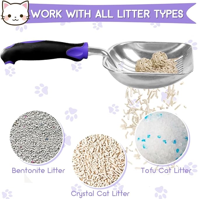 Cat Litter Scoop, Metal Cat Scooper, Rubber Handle Scoop, Sifting Shovel for Christmas – Heavy Duty Aluminum Alloy Litter Box Scoop with Deep Mesh, Design for Easy Waste Removal and Cleaning(Purple)
