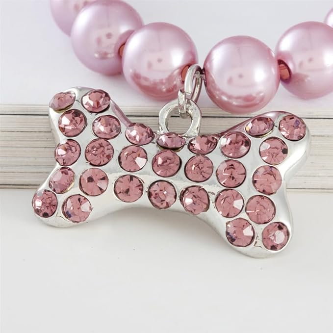 Pearl Dog Necklace,Pink M Diamond Crystal Dog Collars Bling Rhinestones Bone Cat Collar Jewelry for Girl xs s Small Puppy Kitten Pets Dogs