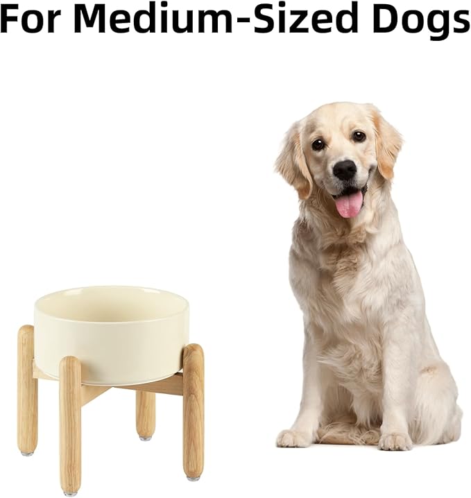 Ceramic 7.3inch Raised Dog Bowl Set, Elevated with Wooden Stand, Food and Water Bowl for Medium Breed Dogs, Weighted Dog Dishes, Pet Feeder(Light Yellow)