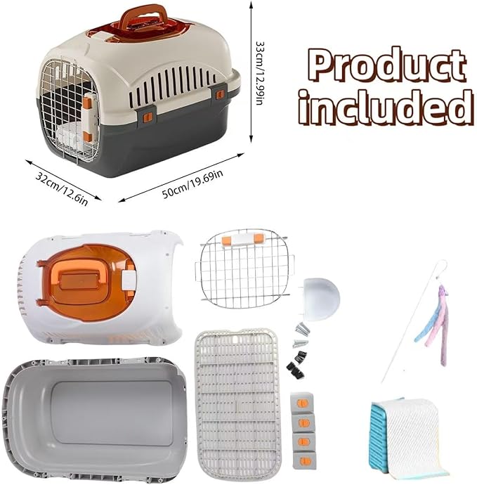 Hard Top Load Cat Carrier,Airline Pet Carrier,Cat Carrier Hard Shell, 360° Ventilation, Front Metal Door, Secure Latches,Includes Feather Wand,Hiking Car Travel Crate for Cats Small Dogs (Orange Set)