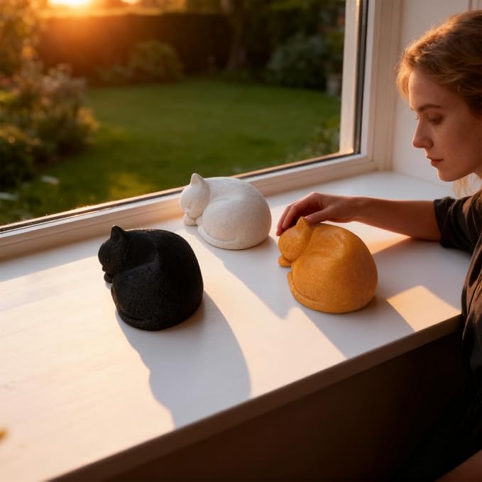 Black Resin Cat Urns for Ashes, Sleeping Matte Black Pet Urns for Cats, Fur-Like Texture Urn for Cat Ashes, Secure Threaded Closure, Holds Cats Up to 7kg, 6.69 x 4.96 x 3.15 Inches