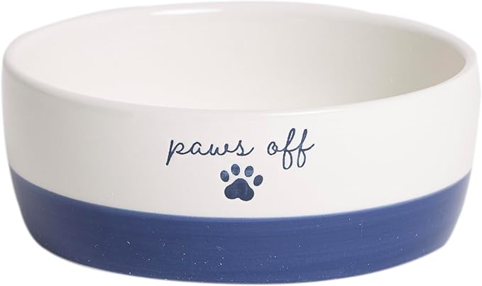 Pearhead Ceramic Cat Bowl – Navy Blue “Paws Off” Design, Holds 12 oz, Stoneware Pet Dish, Non-Skid Feeding Bowl