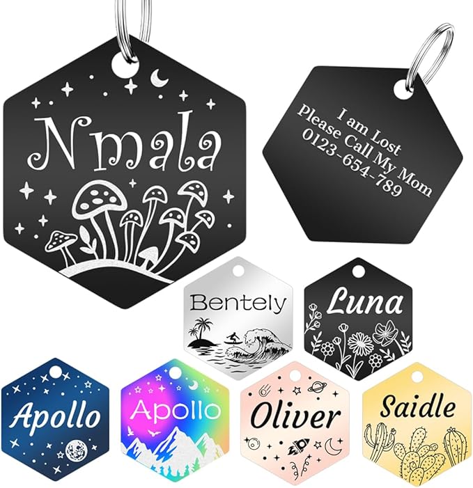 Personalized Dog Tags and Cat Tags, Stainless Steel Pet ID Tags, Collar Charm Engraved on Both Sides, up to 4 Lines of Custom Text, Various Patterns and Colors Options (Hexagon)