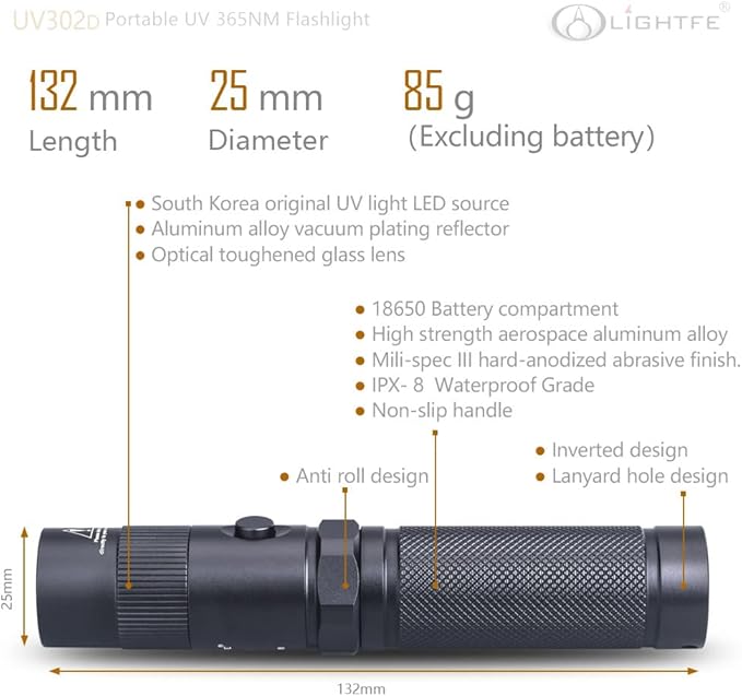 LIGHTFE Black Light Flashlight UV302 UV Flashlight 395nm Max.3000mW High Power for UV Glue Curing, Rocks and Mineral Glowing, Pet Urine Detector, AC Leak Detector