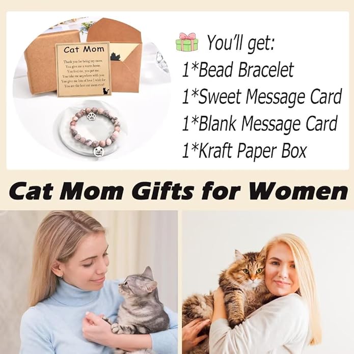 Cat Mom Gifts: Beaded Bracelet Paw Print for Women, Cat Lovers - Birthday, Christmas, Valentine's, New Year