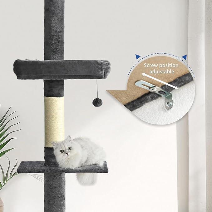 Cat Craft Floor to Ceiling Cat Tree,5 Tiers Tall Cat Tower with Adjustable Height(98-110),Skinny Ceiling Cat Tree with Cozy Hammock,Sisal Scratching Posts,Platforms,and Hanging Balls for Large Cats