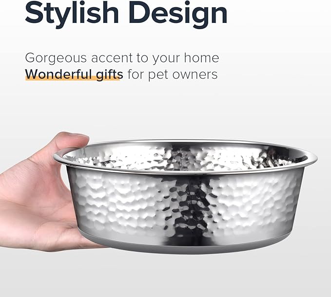 URBUDDIES 2 Pack Hammered Stainless Steel Dog Bowls, Premium Metal Dog Bowls with Non Slip Rubber Bottom, Dishwasher Safe, Easy to Clean, 11 Cup, Gray Bottom
