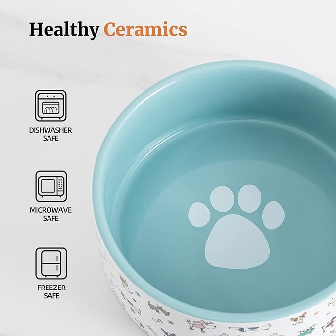 Fun Elements Ceramic Dog Bowls - Large, 64 Fl Oz Heavy Duty, Adorable Dog Patterns (Large, Blue)