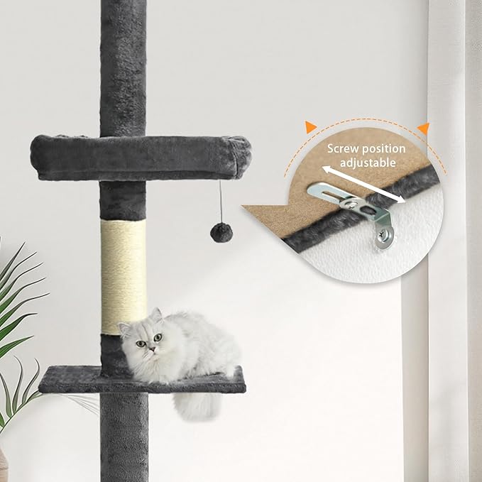 Floor to Ceiling Cat Tree,5 Tiers Tall Cat Tower with Adjustable Height(98-110),Cat Tree Floor to Ceiling with Cozy Hammock,Sisal Scratching Posts,Platforms,and Hanging Balls for Large Cats