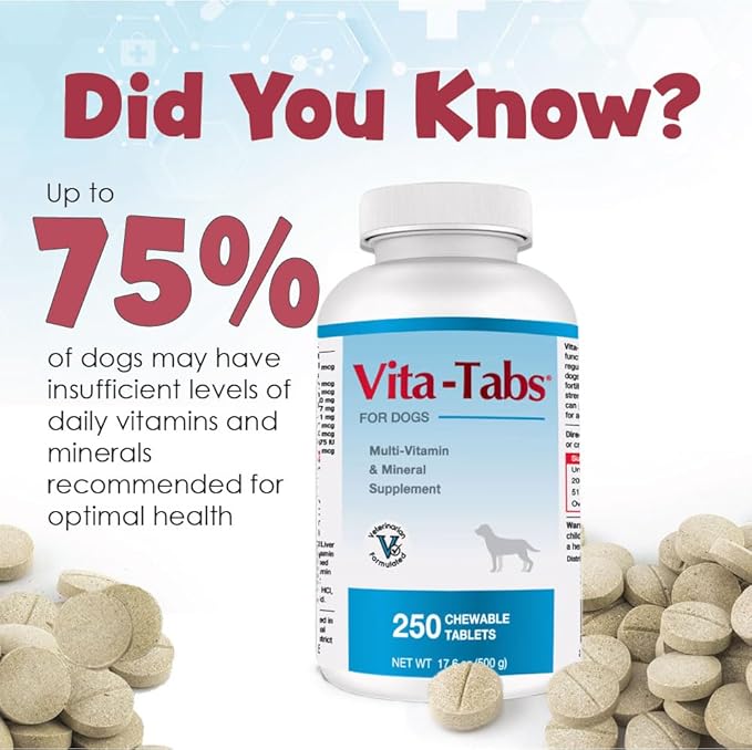 Vita-Tabs - Essential Vitamins, Minerals, Nutrients - Health Supplement for Dogs - Support Immune System, Bones - Liver Flavored - 250 Chewable Tablets