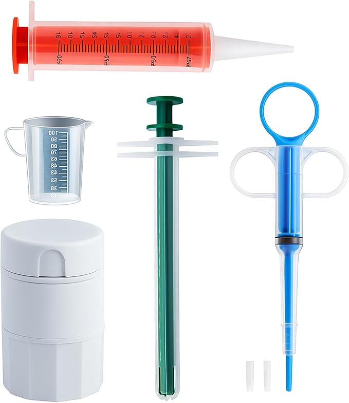Cat Pill Shooter Kit 5 Pcs – Pet Piller Gun Dog, Pill Cutter Crusher, Soft Tip Syringe & Liquid Medicine Dispenser with 100ml Measuring Cup for Cats Dogs (2025 Upgrade)