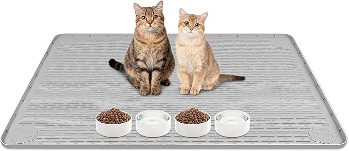Lanstics Cat Food Mat, 40" x 28" Large Silicone Mat Cat Feeding Mat with Raised Edge Non-Slip Pet Feeding Mat for Food and Water Bowl, Easy to Clean, Floor Protection (Gray)