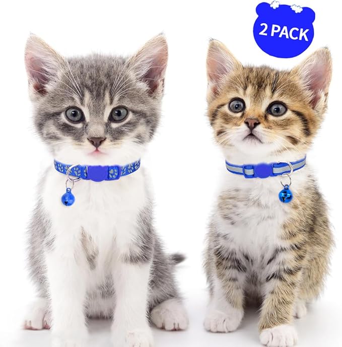Taglory Kitten Collar Breakaway with Bell, Reflective Soft Cat Collar for Small Kittens, Adjustable 6-8 Inch High Visibility Night Strip, Lightweight for 2-6 Months Baby Cats, 2 Pack, NavyBlue
