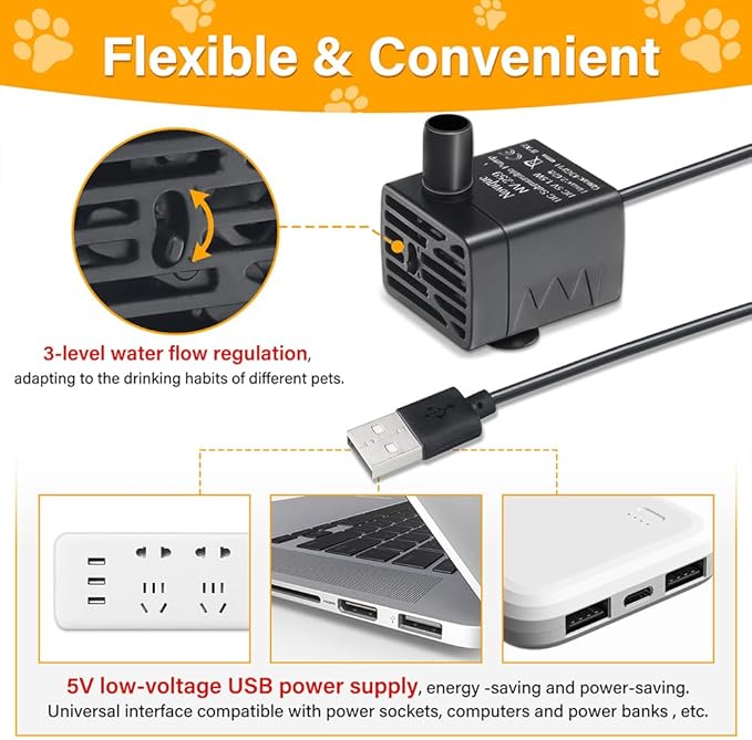 Ultra-Quiet Replacement Pump for Cat Water Fountains Submersible Pet Drinking Fountain Dog Water Dispenser Pump 5V IPX8 Waterproof （USB Cable）