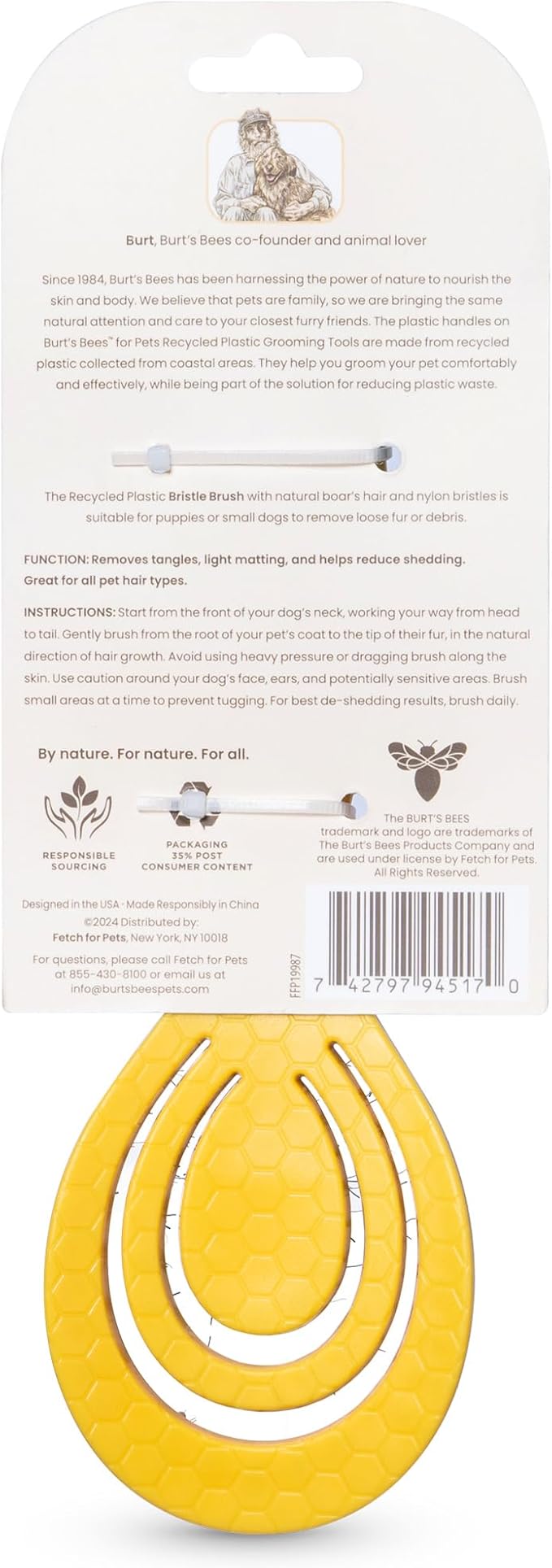 Burt’s Bees for Pets Porcupine Bristle Brush for Large Dogs with Handle Made from Recycled Plastics Collected from Coastal Communities - Flex-head Grooming Brush