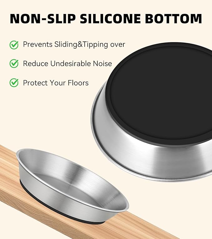 2 Pack-1.7Cup(14 fl oz) -304 Stainless Steel Cat Bowls for Food and Water, Non-Slip Silicone Bottom Dishes, Size: 6" Width and 1.26" Height, for Cat or Small Dog