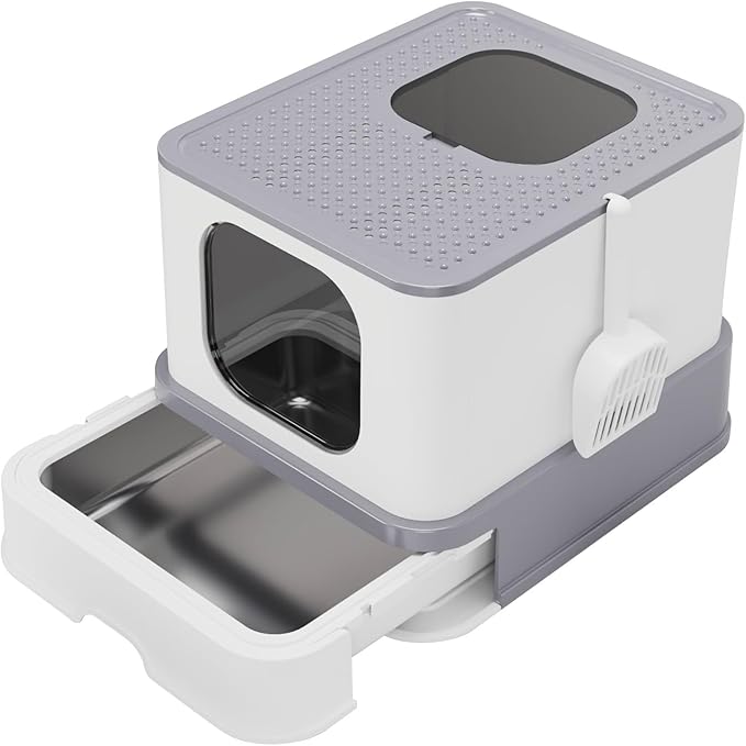 RIZZARI Stainless Steel Cat Box: Large Capacity Gray Enclosed Top-Exit Leakproof Litte Pan - Teflon Coating Resists Sticking for Easy Clean - Odor-Resistant for Modern Homes & Office