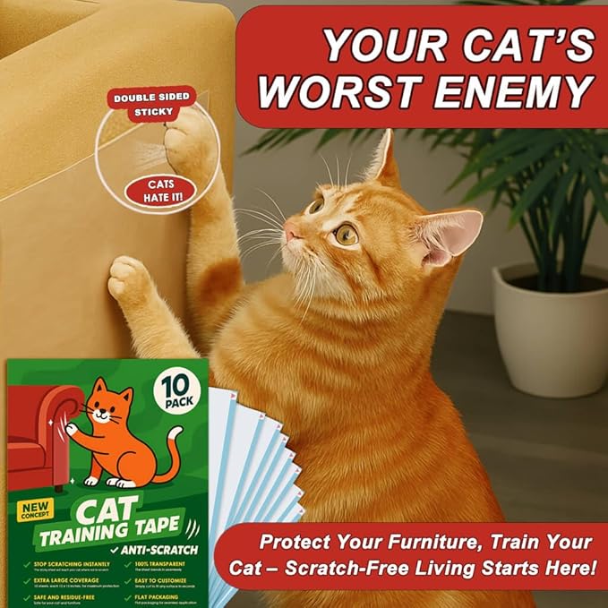 Cat Scratch Deterrent Tape – 10 Double-Sided Anti-Scratching Sticky Tape – Protect Furniture & Train Cats to Stop Scratching – Effective Cat Training Tape for Sofas & Couches
