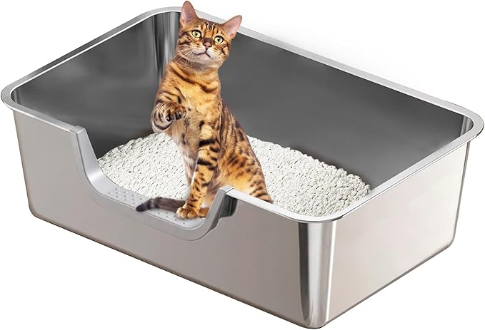Stainless Steel Cat Litter Box, Steel Litter Pan with Curved Low Entry, Leak Proof 6 Inch High Side for Urine, Easy Entry for Kittens Older Cats, No Slip, 23.6" x 15.7" x 7.9", Silver