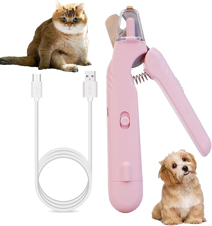 2 in 1 Cat Nail Grinder & Dog Nail Clippers, Rechargeable and Electric Pet Trimmers, LED Lighting, Painless and Quick Nail Filing, Suitable for Kittens, Puppies and Large Dogs (Pink)