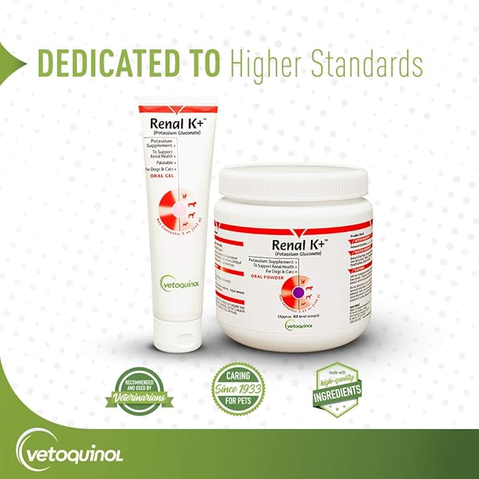 Vetoquinol Renal K+ (Potassium Gluconate) Potassium Supplement Powder for Dogs and Cats, 3.5oz