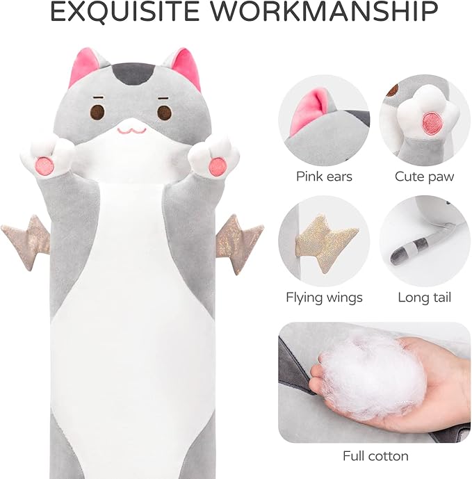 Mewaii Long Cat Plush 5 Sizes, 120% Extra Filling Giant Plushness Kids Body Pillow, Kawaii Cute Grey Cat Stuffed Animals Plushies, Big Long Body Pillow Plush Gift for Girls 28”