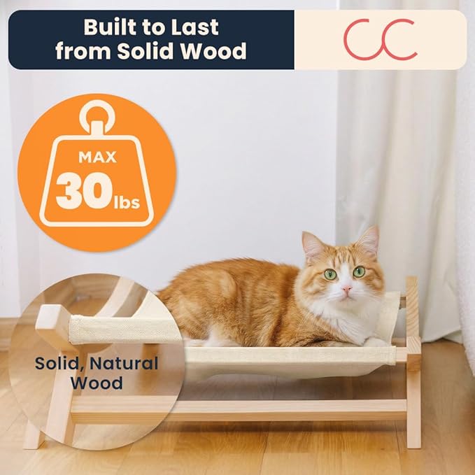 CallieCo Wooden Cat Hammock Bed, Modern Elevated Pet Lounger with Premium Wooden Frame & Breathable Fabric, Stylish Indoor & Outdoor Cat Bed for Cats & Small Dogs - Ivory