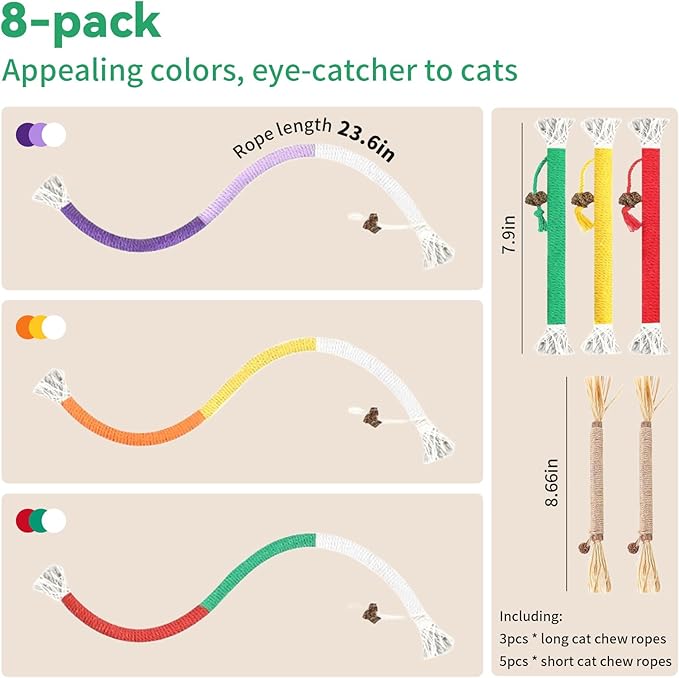 Cat Toys Cat Chew Toys, 8Pack cat Toys for Indoor Cats, cat Toys Interactive, Dental Care Chew Ropes with Cotton String, Fun Chew Sticks for Indoor Cats Playtime (8PCS)