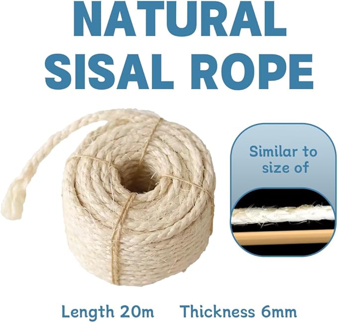 Natural Sisal Rope for Cat Scratcher Replacement, Durable Cat Tree Post Repair Cord for DIY Projects, Climbing Towers, Furniture Protection, Scratch Pad, Crafts, Garden, and Home Décor Use