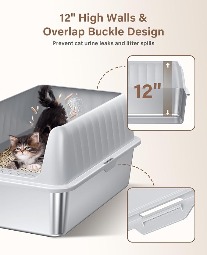Stainless Steel Cat Litter Box XL with Lid, Enclosed Metal Extra Large Litter Box Pan High Sided with Scoop for Big Cats, Non-Sticky, Anti-Urine Leakage, Easy Cleaning