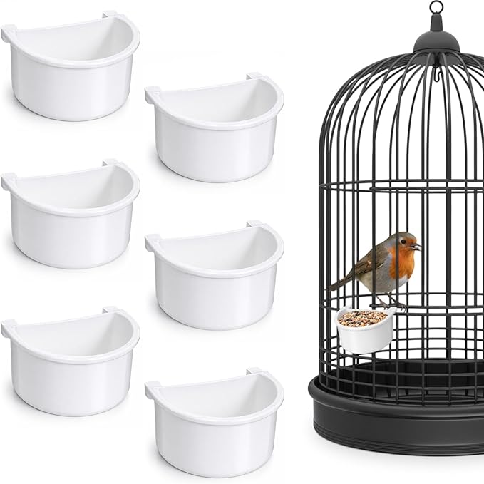 6 Pcs Bird Food Feeder, Bird Cage Feeder Hanging Feeding Bowl Seed Container White Food Dishes Bowl Birds Cage Accessories for Small Parakeet Pigeons Conures