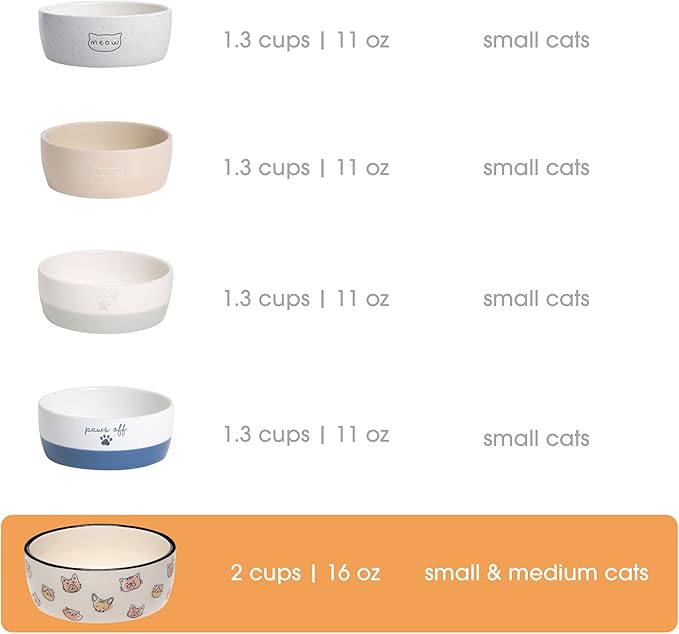 Pearhead Ceramic Cat Bowl – Cute Cat Face Water & Food Dish, Wide Shallow Whisker-Friendly Design for Kittens & Small/Medium Cats, Heavy Non-Slip Pet Feeding Bowl 2-Cup (Pack of 2)