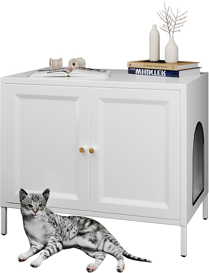 METAN Metal Cat Litter Box Enclosure,Steel Cat Washroom Furniture with Barn Door, Pet House, Fit Most of Litter Box,Assembly Required,White