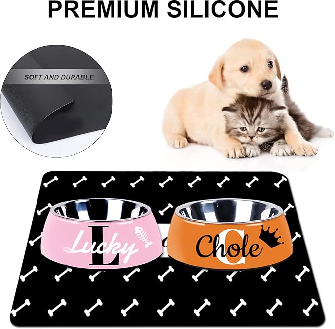Personalized Dog Cat Food Mat - PU Non-Slip Bottom, Waterproof, Custom Pet Bowl Mat for Food and Water (Bone)