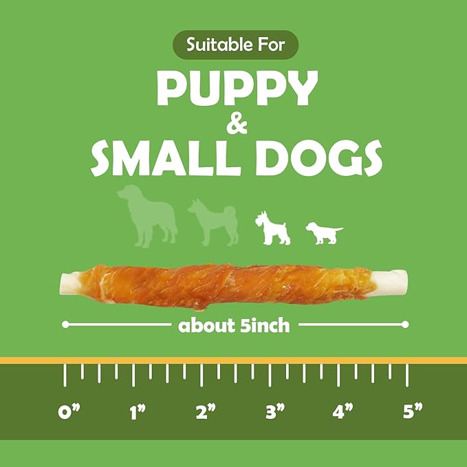 MON2SUN Dog Treats, 5 Inch Rawhide Twist Chicken Hide Sticks, Suitable for Puppy and Small Dogs, 5 Inch (Chicken, Pack of 50)