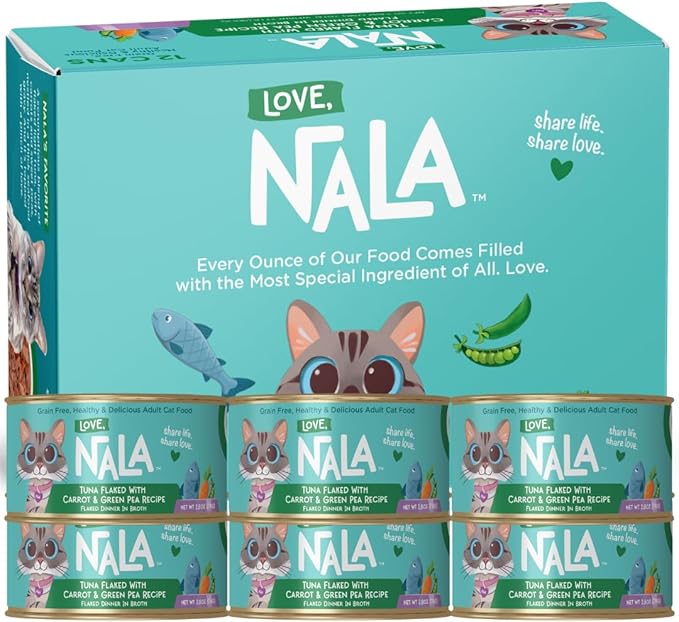 LOVE, NALA - Tuna Flaked with Carrot & Green Pea in Broth - 24 Pack, 4.8 lbs - Natural Adult Cat Wet Food Flaked -Grain Free, Non-GMO, Lean Protein, Added Minerals & Vitamins