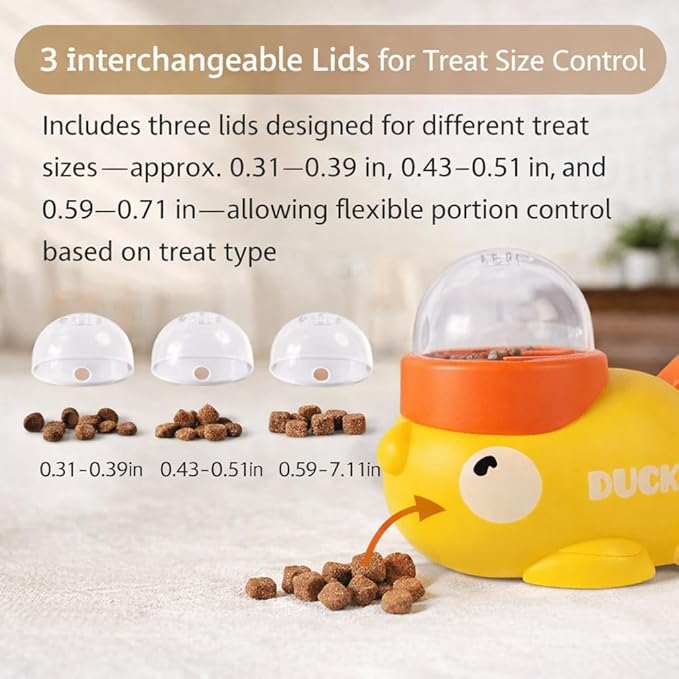 Yellow Duck Cat Feeder Toy with Duck Bib, Interactive Treat Dispenser for Cats & Small Dogs with 3 Adjustable Lids, Puzzle Toy for Slower Eating and Indoor Play