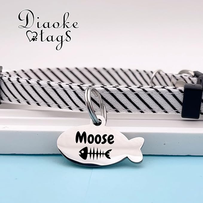 Stainless Steel Cat ID Tag Personalized Pet Tags with up to 4 Lines of Custom Text, Small Pet Mini Dog Cat Tag Lightweight, Engraved on Both Sides, Multiple Patterns Colors Size Options (Fish Icon)