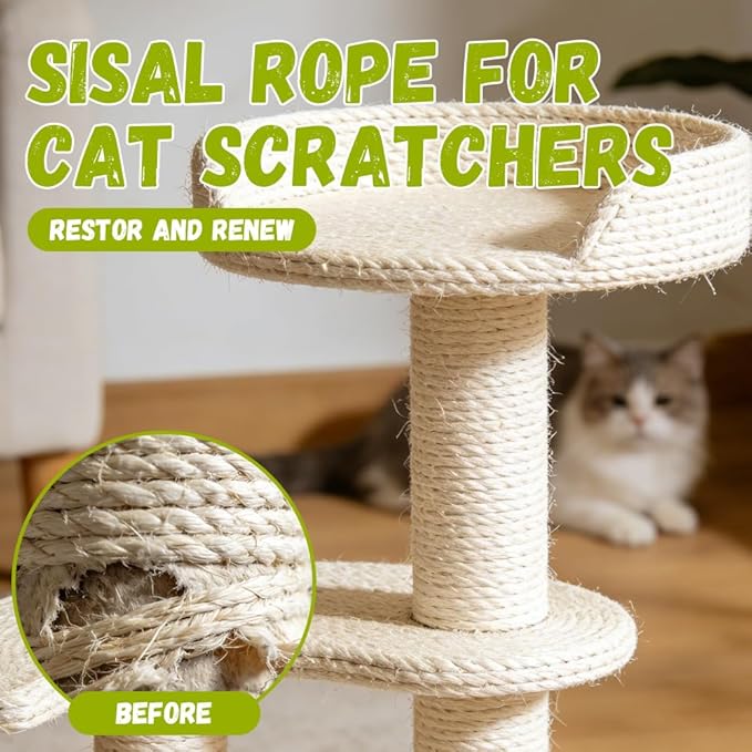 Natural Sisal Rope for Cat Scratcher Replacement, Durable Cat Tree Post Repair Cord for DIY Projects, Climbing Towers, Furniture Protection, Scratch Pad, Crafts, Garden, and Home Décor Use