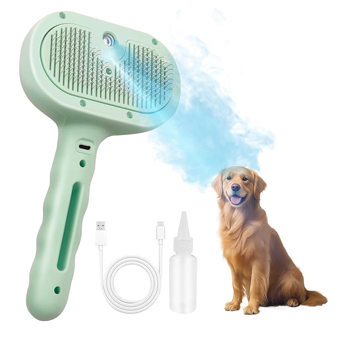 Dog Steam Brush 3 in 1 Cat Brushes with Steam, Release Button Grooming Brush for Pets Cats Dogs, Hair Removal Shedding for Small Animals Long Short Haired - Green