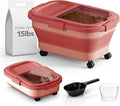 15 Lbs Dog/Cat Food Storage Container,Collapsible Food Storage Containers with Rolling Wheel Airtight Locking Lid,Pet Food Storage Container with Cup and Scoop,Pink