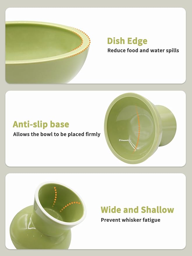 LoeJan Elevated Cat Food and Water Bowls Set, Extra Wide and Raised Ceramic Feeder, Anti-Vomit Whisker-Free Pressure Feeding Bowl for Kittens Adult Cats Small Dogs (Green, Bowl Set)