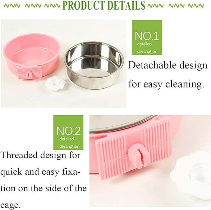kathson Crate Dog Bowl, Removable Stainless Steel Hanging Pet Cage Bowl Food & Water Feeder Coop Cup for Cat, Puppy, Birds, Rats, Guinea Pigs (2 PCS, Size: M, Blue and Pink)