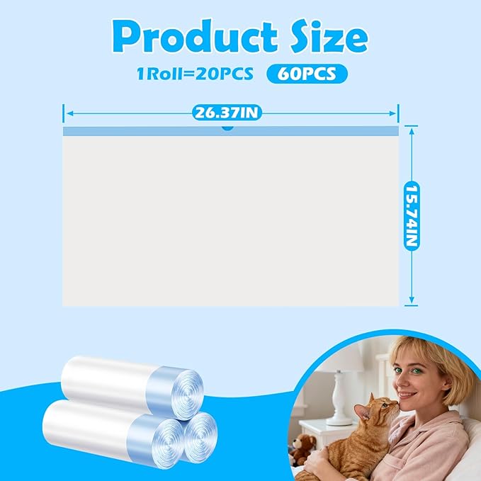Cat Litter Bags 60 Count, 26.37"X15.74" Drawstring Close Litter Box Liners for Automatic Litter Box,Thick Cat Poop Bags,Easy to Clean,Heavy Duty Robot Bag for Self-Cleaning Box