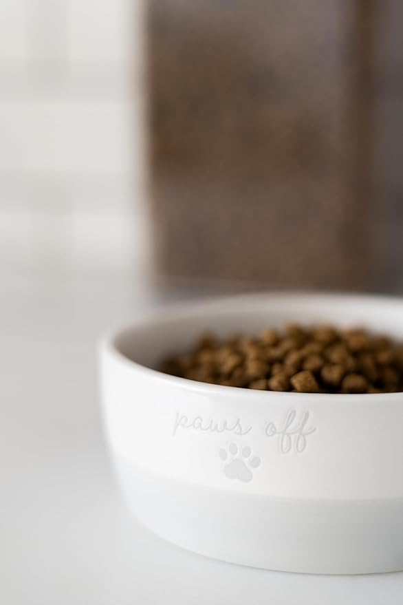 Pearhead Ceramic Paws Off Cat Bowl, Holds 12 oz, Whisker-Friendly Pet Dish for Food and Water, Heavy Non-Slip Base